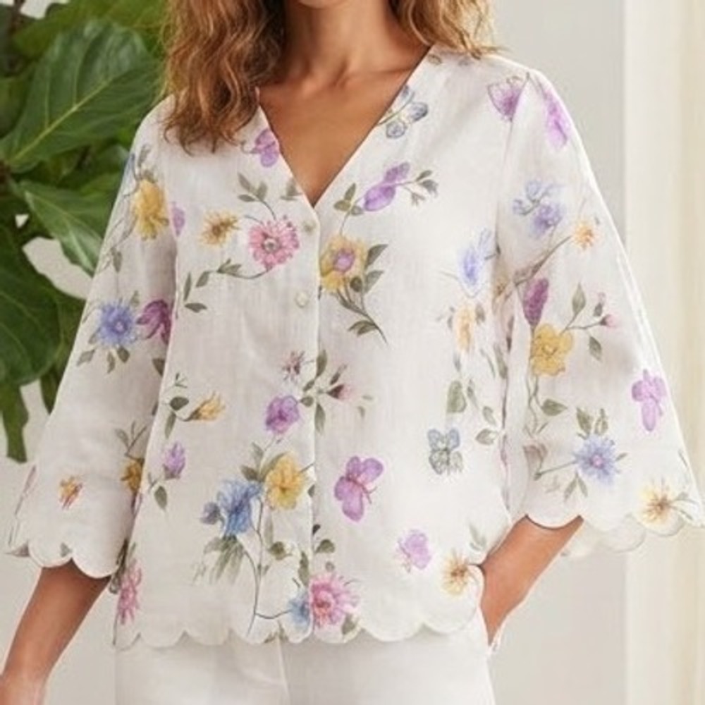 Terzo Millennio 100% Linen Floral Butterfly Tie Front Scalloped Top Italy 3X